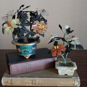 Set Of 2 Vtg Chinese Handmade Jade Bonsai Flower- Cloisonne & Jade Pot